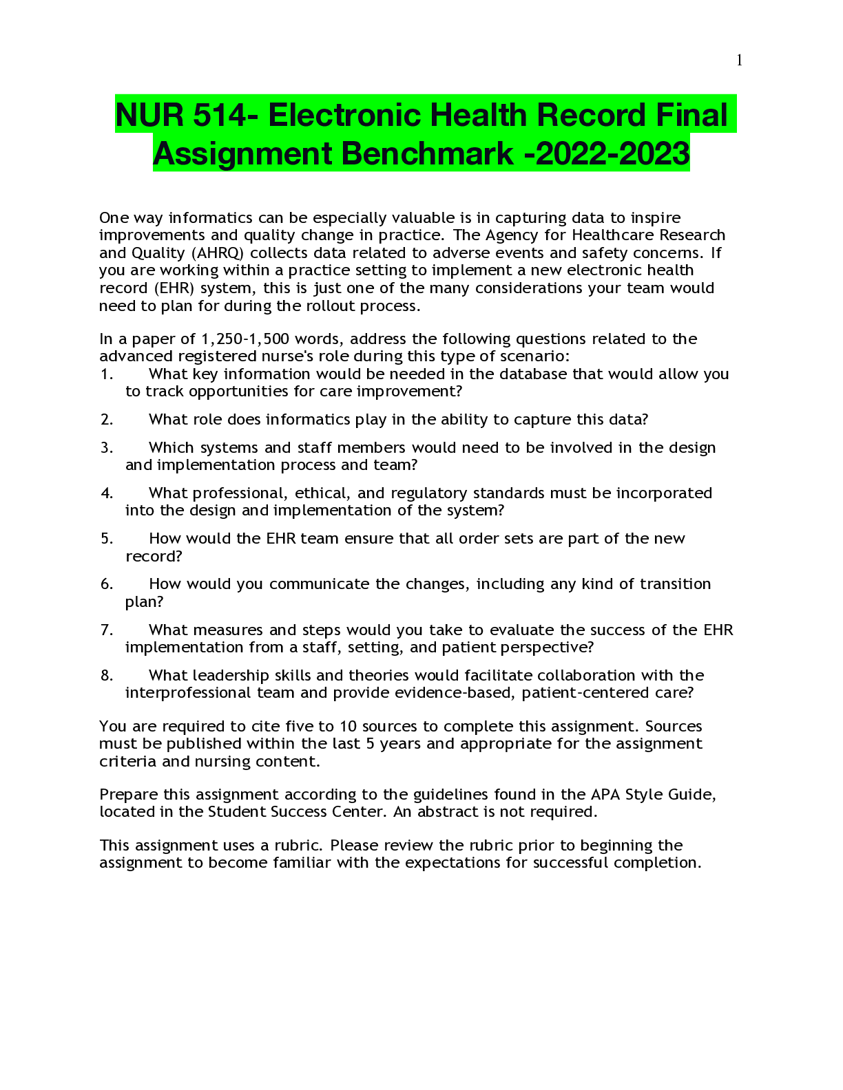 Preview image for NUR 514- Electronic Health Record Final Assignment Benchmark -2022-2023